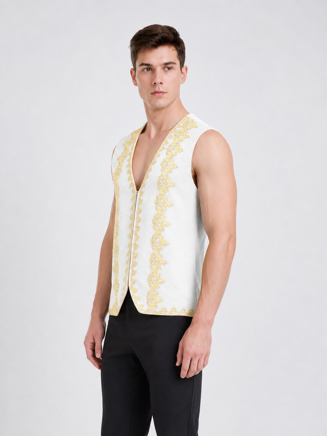 White Sleeveless Decorative Vest with Gold Trim