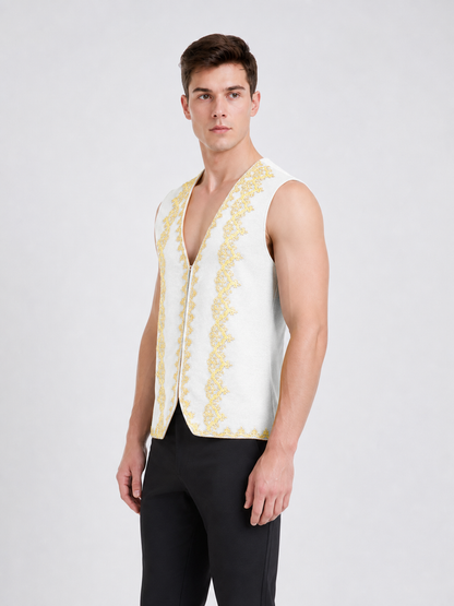 White Sleeveless Decorative Vest with Gold Trim