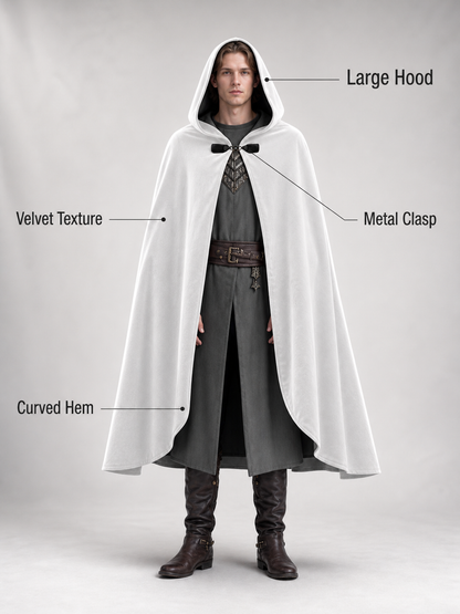 Full-Length White Hooded Cape with Oversized Hood and Black Bow Closure for Fantasy Medieval Cosplay and Stage Performances