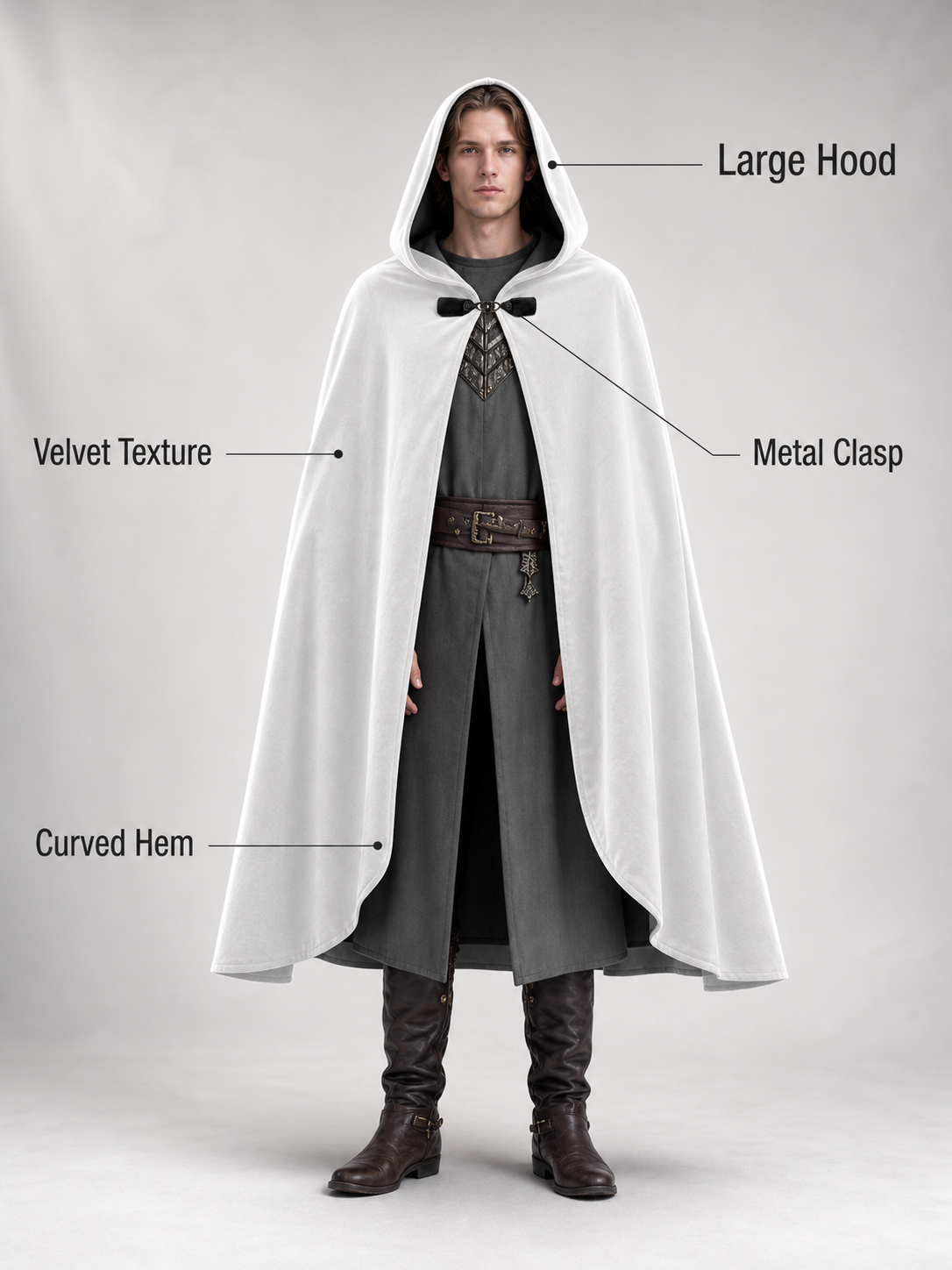 Medieval White Velvet Hooded Long Cloak Cape with Black Bow Tie Front Flared Hem