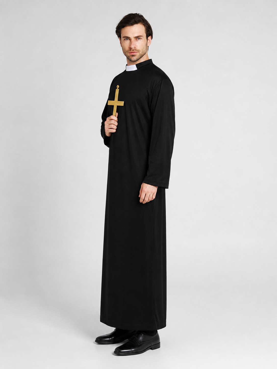 Halloween Priest Costume, Black Robe with Collar