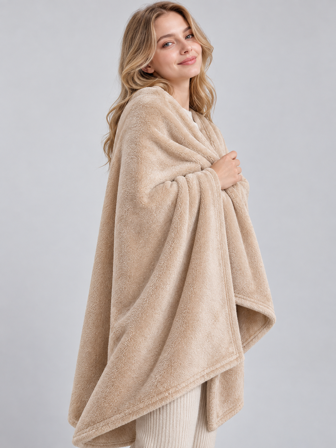 Solid Beige Polyester Throw Blanket
