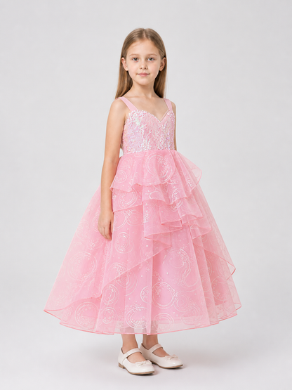 Pink Princess Dress with Sequins and a Full Skirt side view