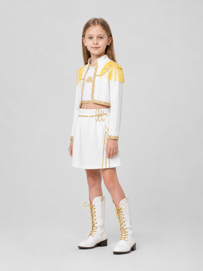 White Children’s Demon Hunter Costume with Gold Fringe side view