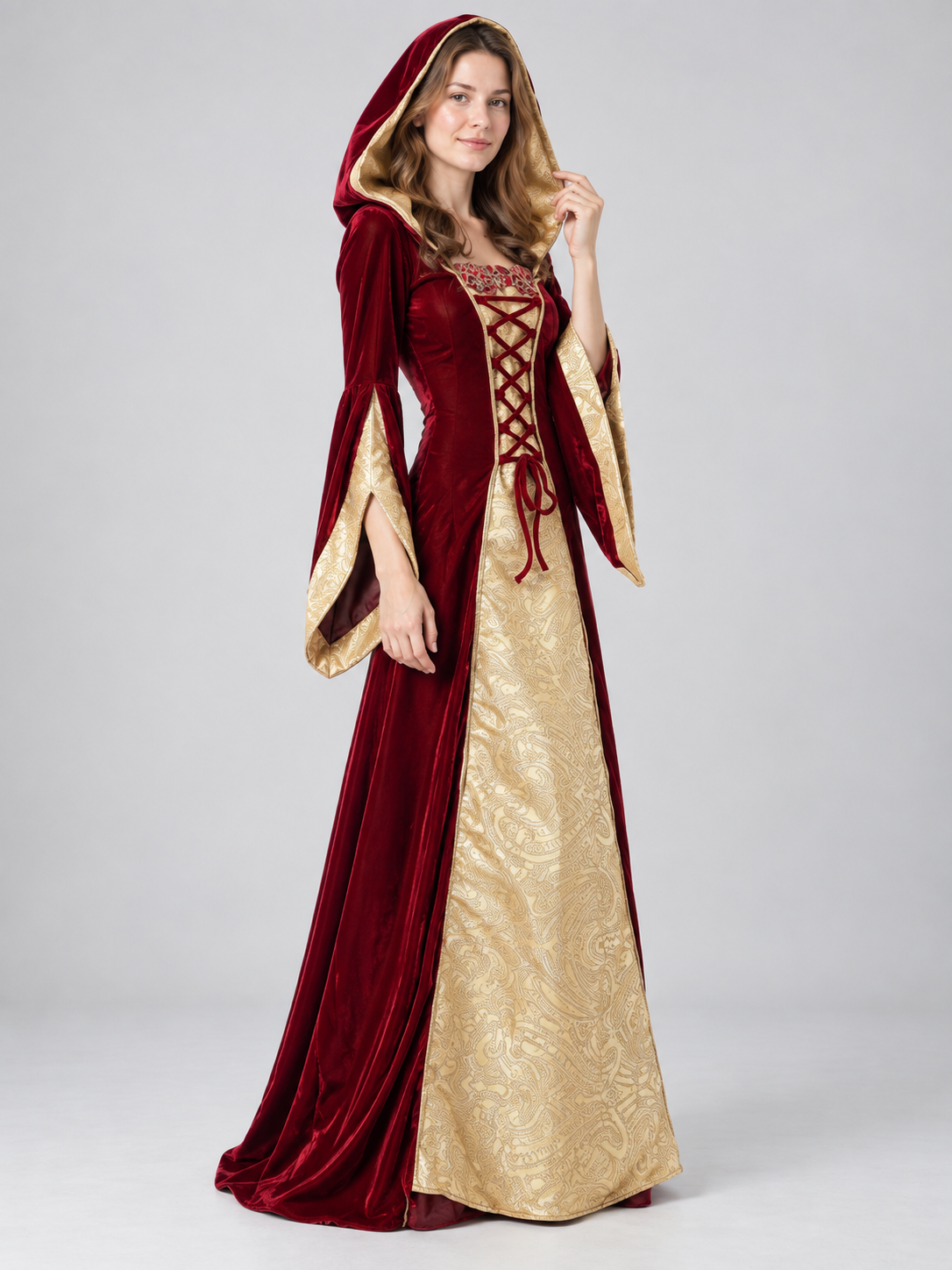 Long Burgundy and Gold Carnival Dress with Hood