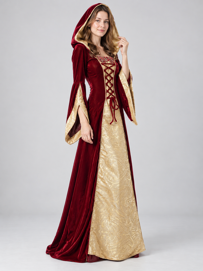 Long Burgundy and Gold Carnival Dress with Hood