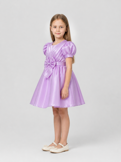Girls' Dressy Dress with Puff Sleeves and a Bow side view