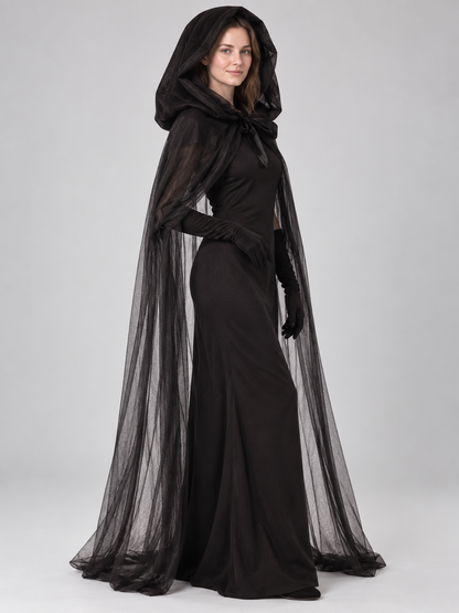 Halloween Costume: Black Dress, Cape, and Gloves