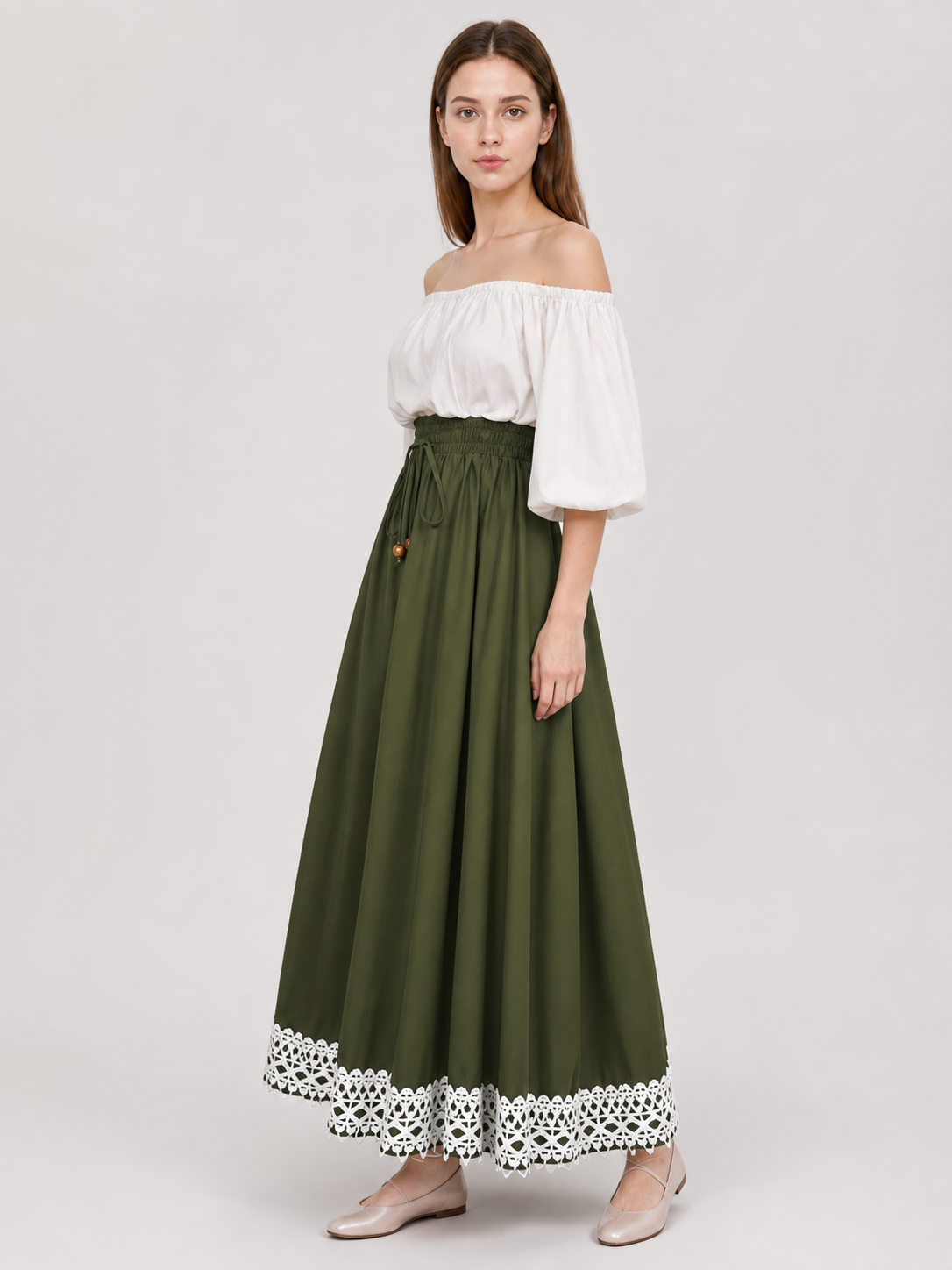 Long olive A-line skirt with lace