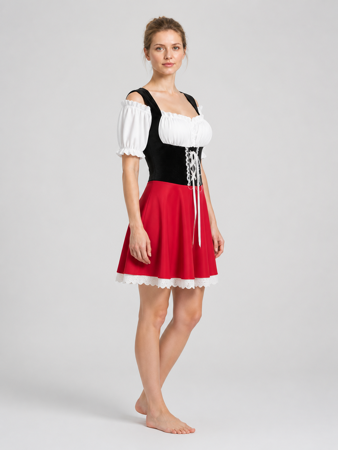 Red, White, and Black Bavarian-Style Lace Dress side view