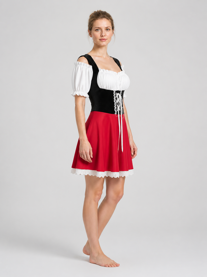 Red, White, and Black Bavarian-Style Lace Dress side view