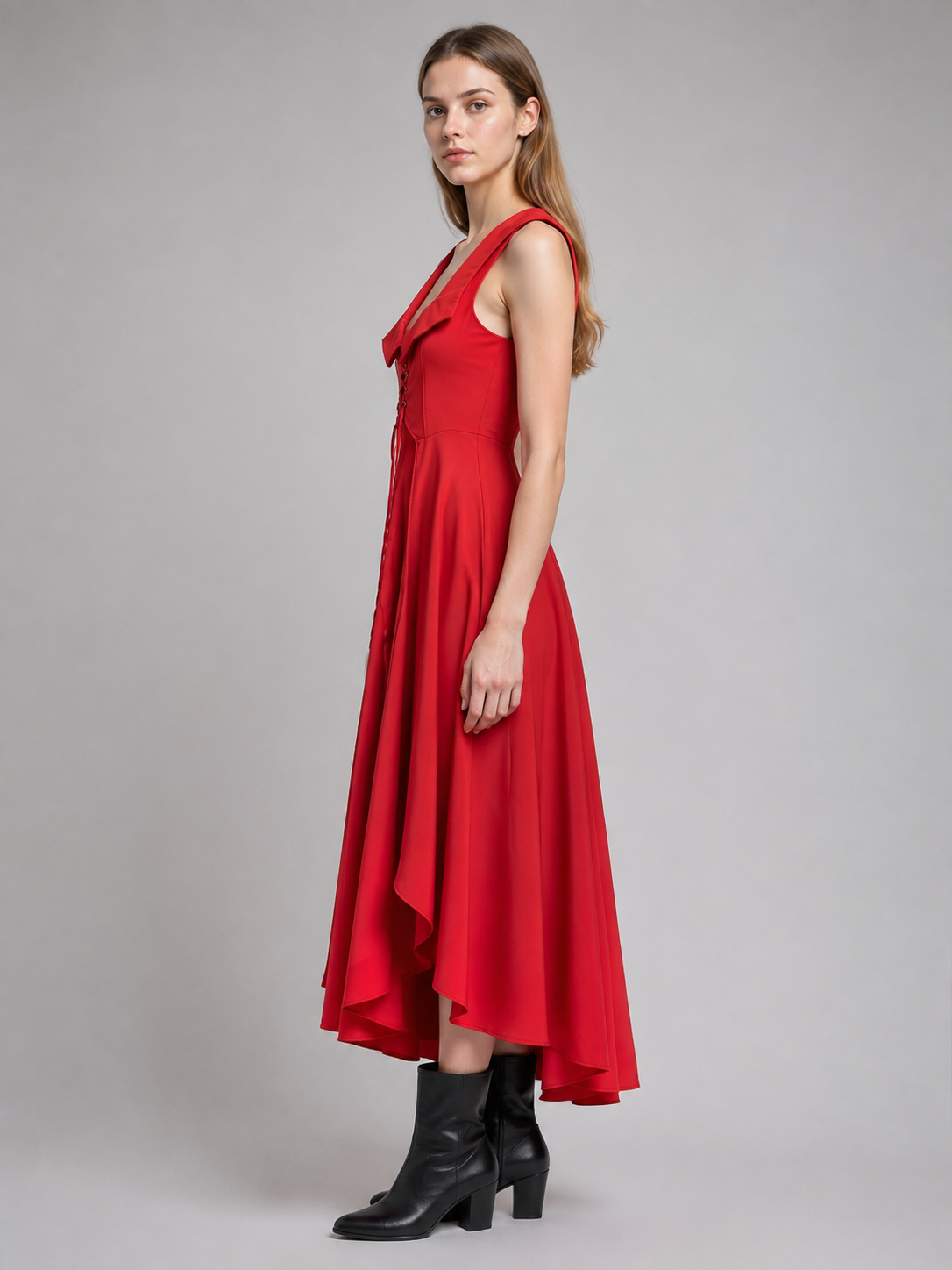 Long Red Medieval-Style Dress side view