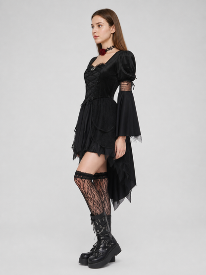 Witch Costume with Black Dress, Choker, and Fishnet Stockings side view