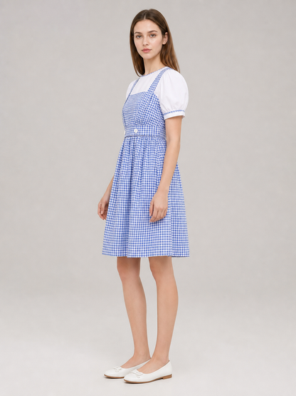 Blue-and-white plaid dress with puff sleeves