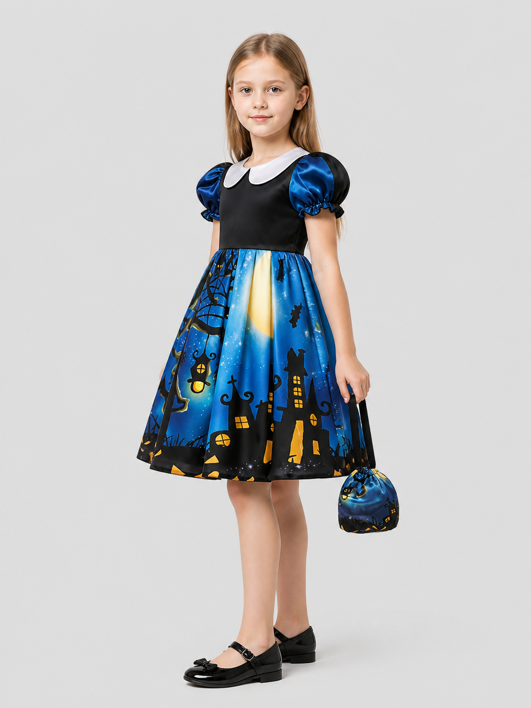 Children’s Halloween Dress with Print and Full Skirt side view