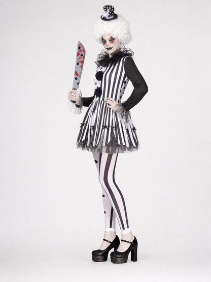 Black-and-white clown costume with a full skirt and decorative details for a Halloween look, themed party, or cosplay. The design is inspired by a circus clown: the top combines contrasting areas with black dots and vertical stripes, while 
