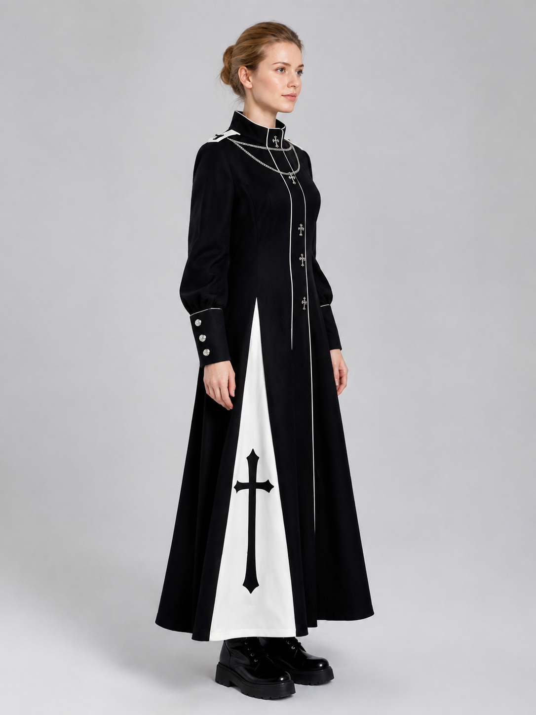 Gothic Maxi Dress with White Trim side view