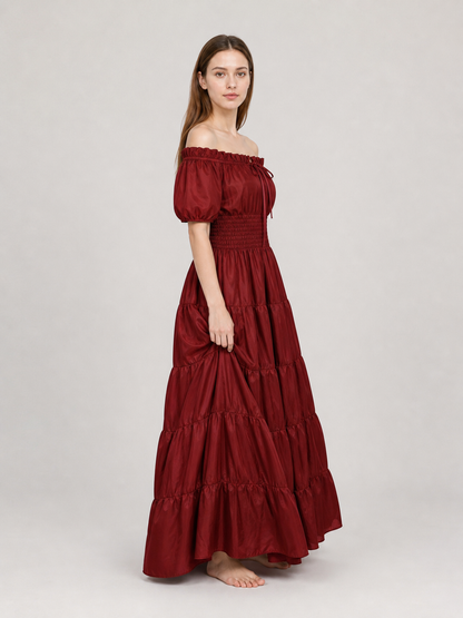 Wine Red Tiered Off-the-Shoulder Maxi Dress