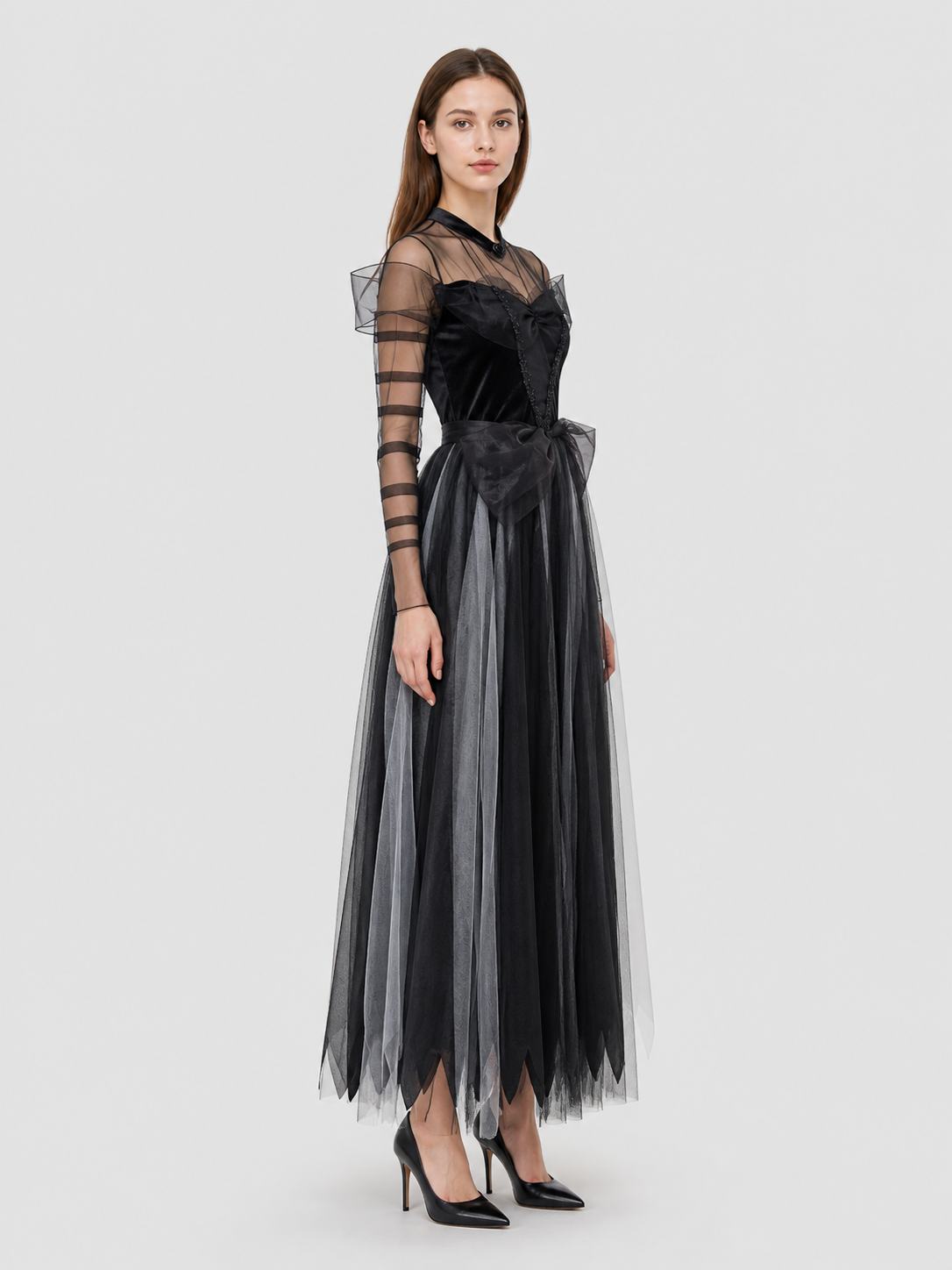 Gothic Costume: Black Long Dress with a Full Skirt side view
