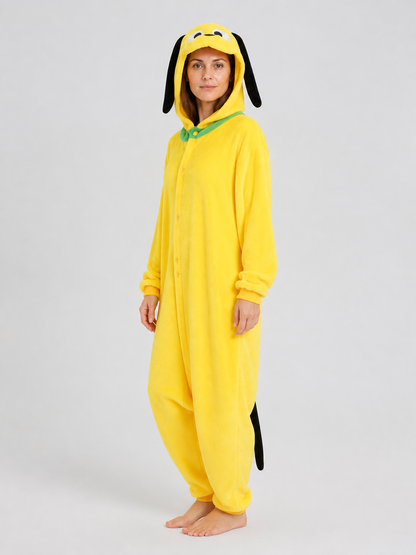 Flannel Hooded Yellow Dog Onesie Pajama side view