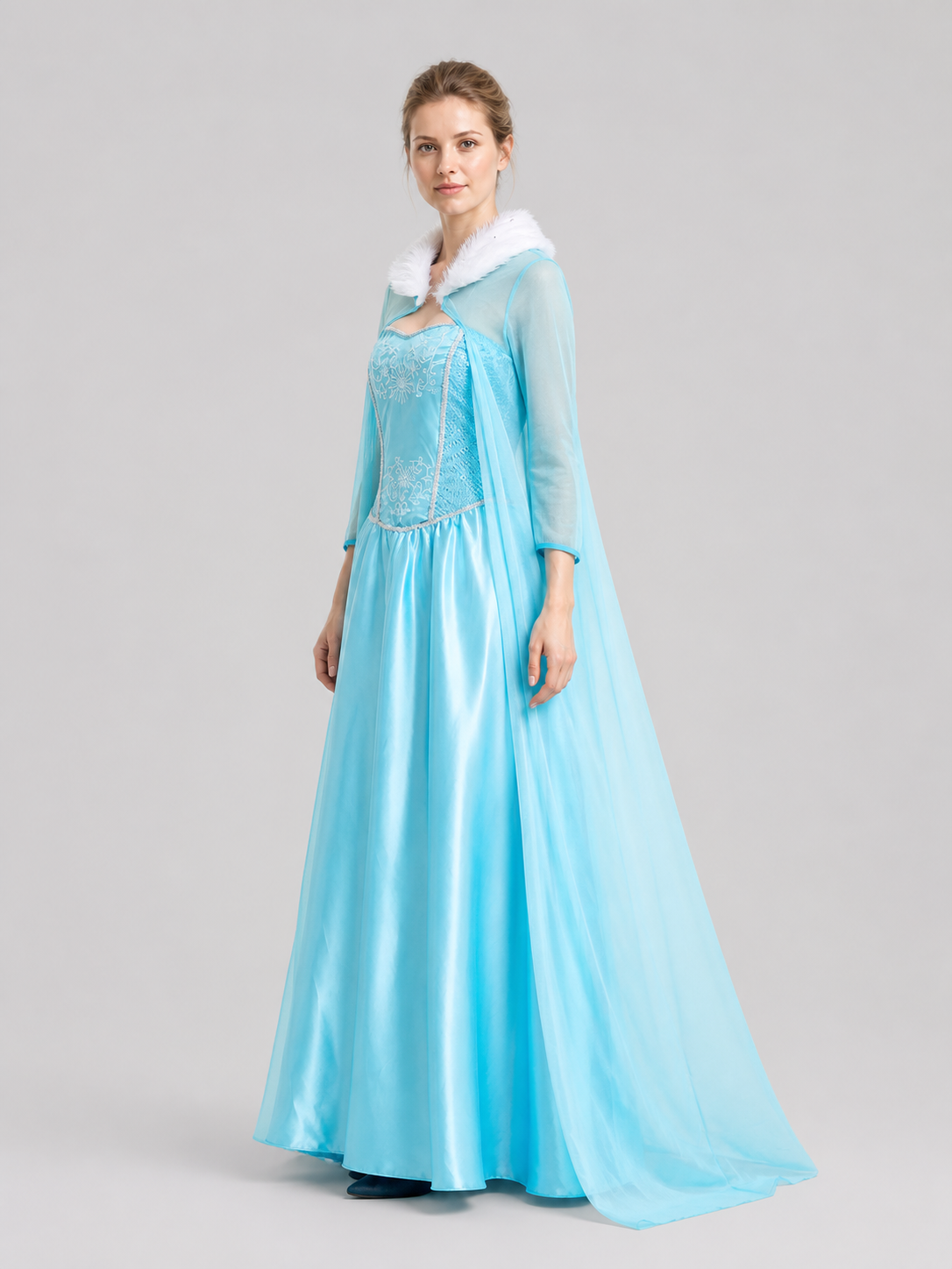 Carnival Dress with Cape and Embroidery, Blue side view