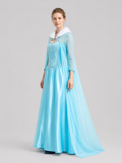 Carnival Dress with Cape and Embroidery, Blue side view