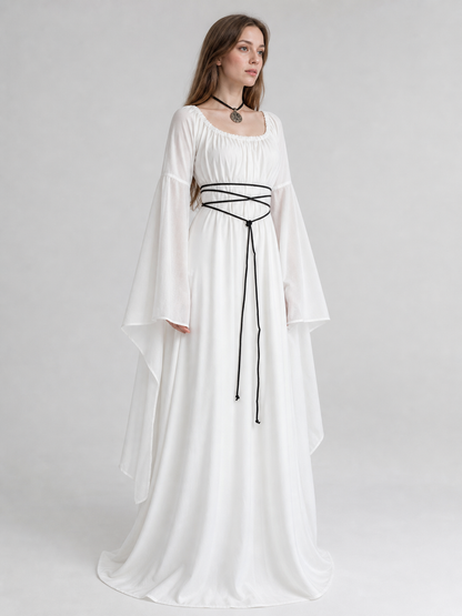 Long White Dress with Flared Sleeves and Lacing