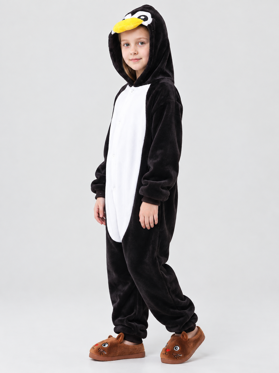 Black and white hooded pajama jumpsuit with animal face
