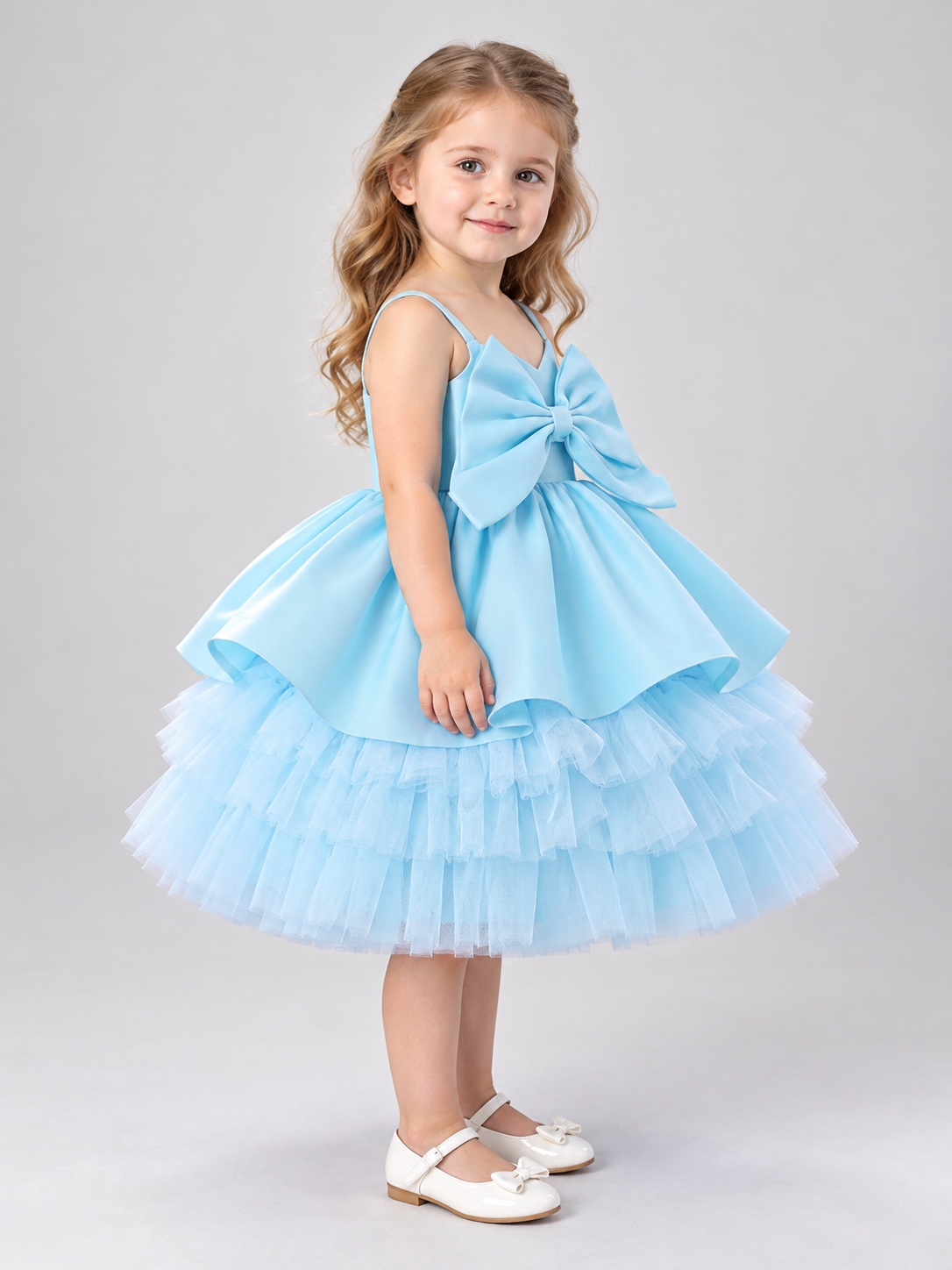 Blue children's holiday dress with a bow and a puffy skirt