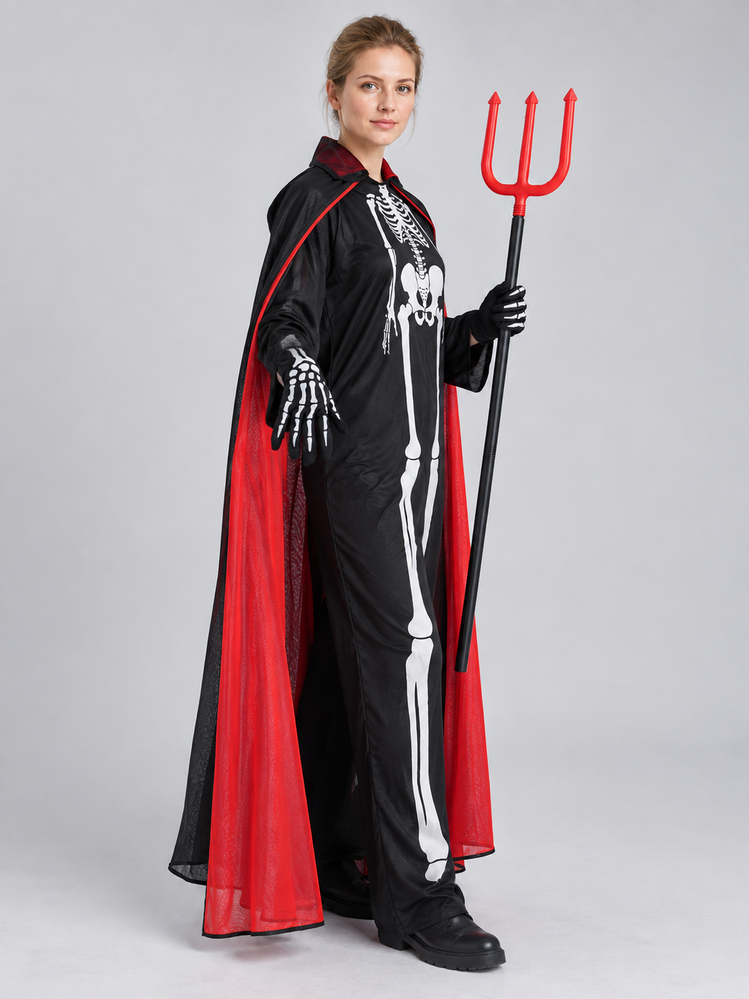 Skeleton costume with mask, cape, and trident side view