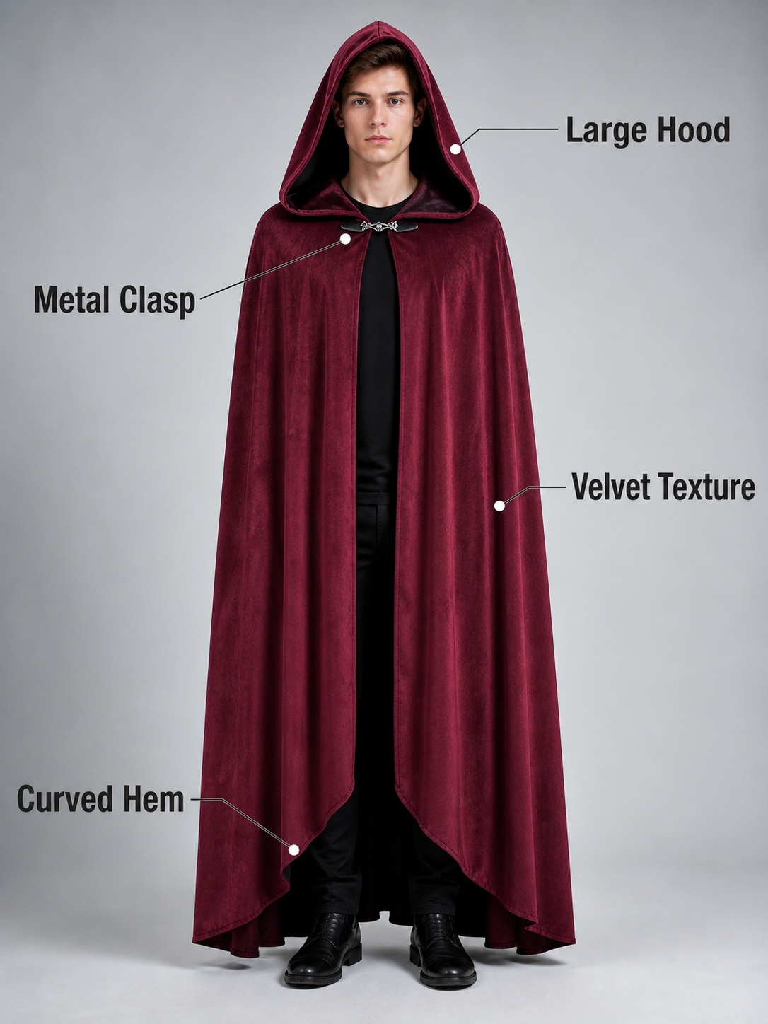 Long burgundy carnival cloak with hood
