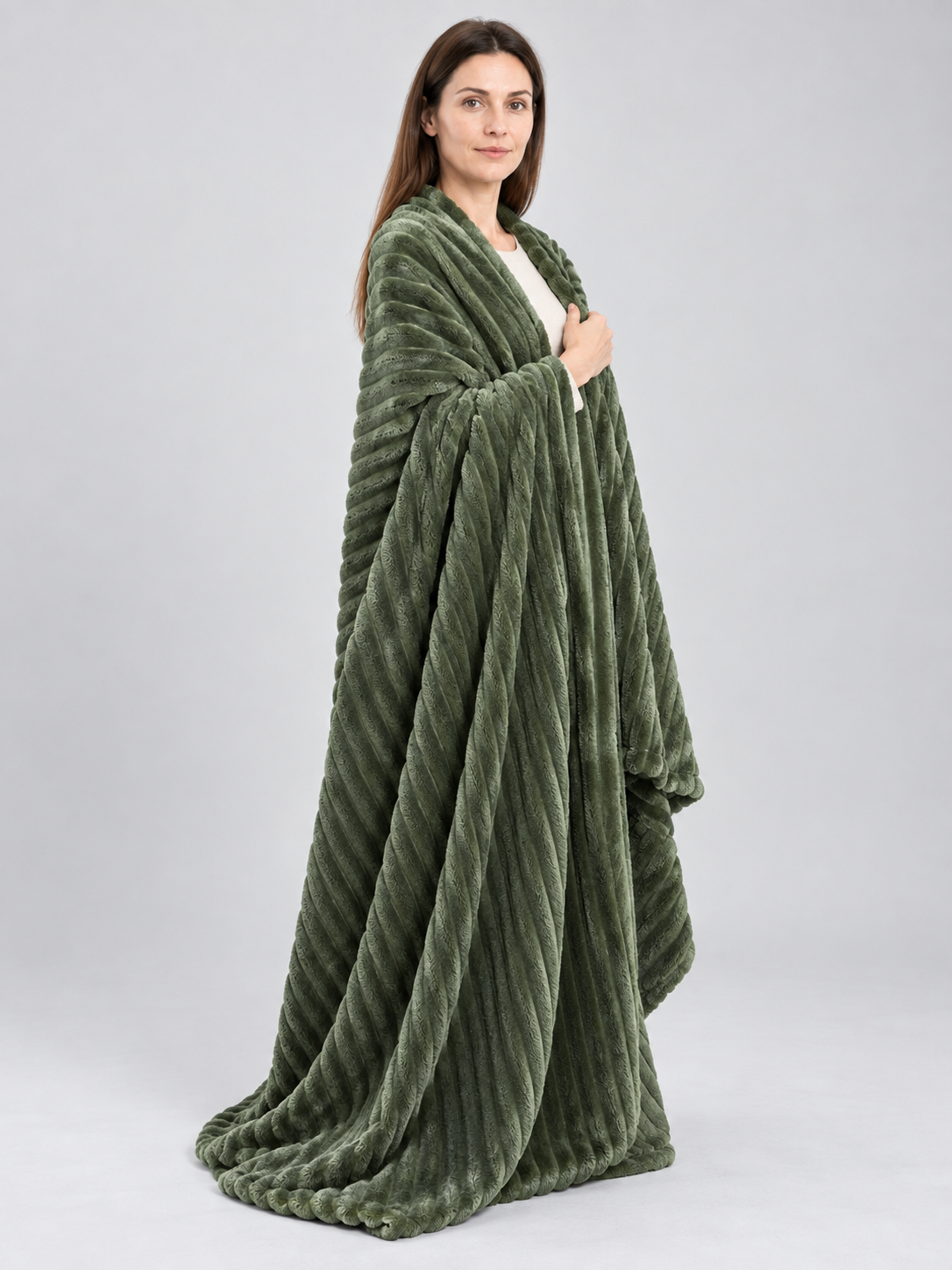 Dark Green Flannel Throw Blanket with Raised Waves