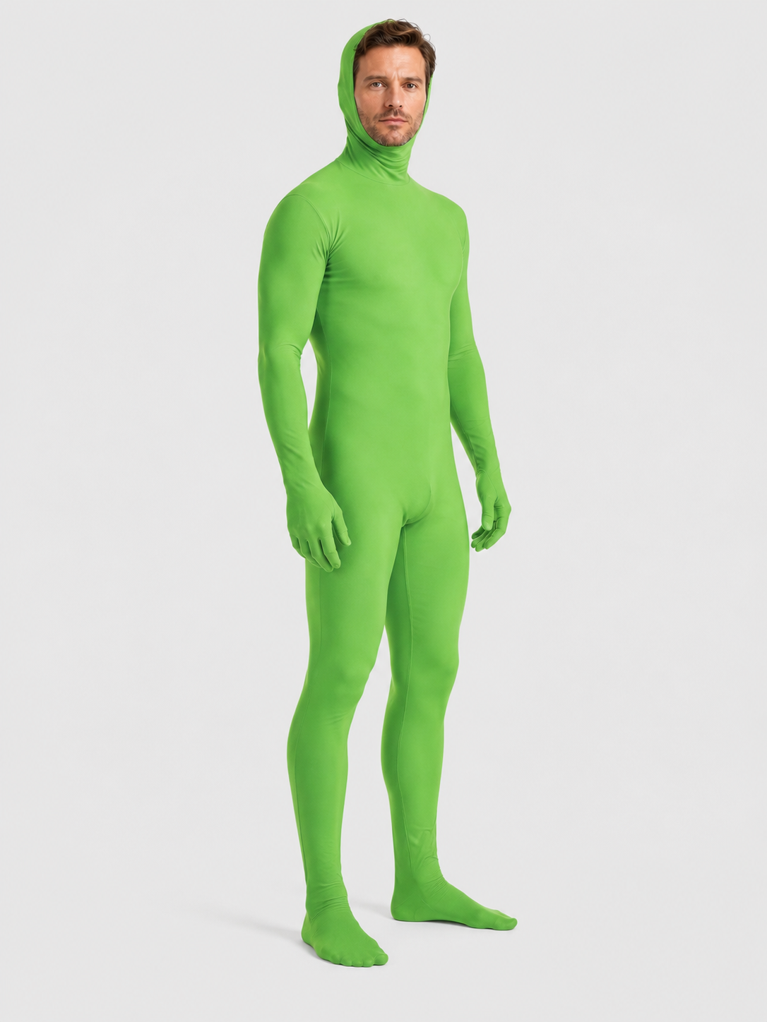 Green skin-tight jumpsuit for chroma key and Halloween side view