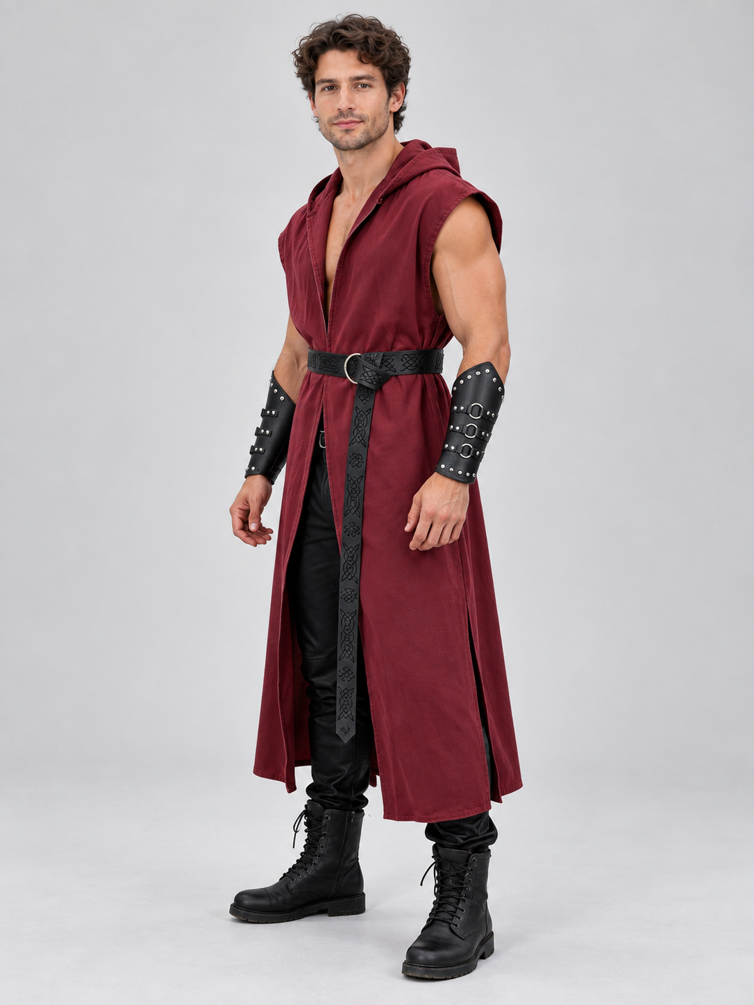 Long Burgundy Hooded Sleeveless Cape