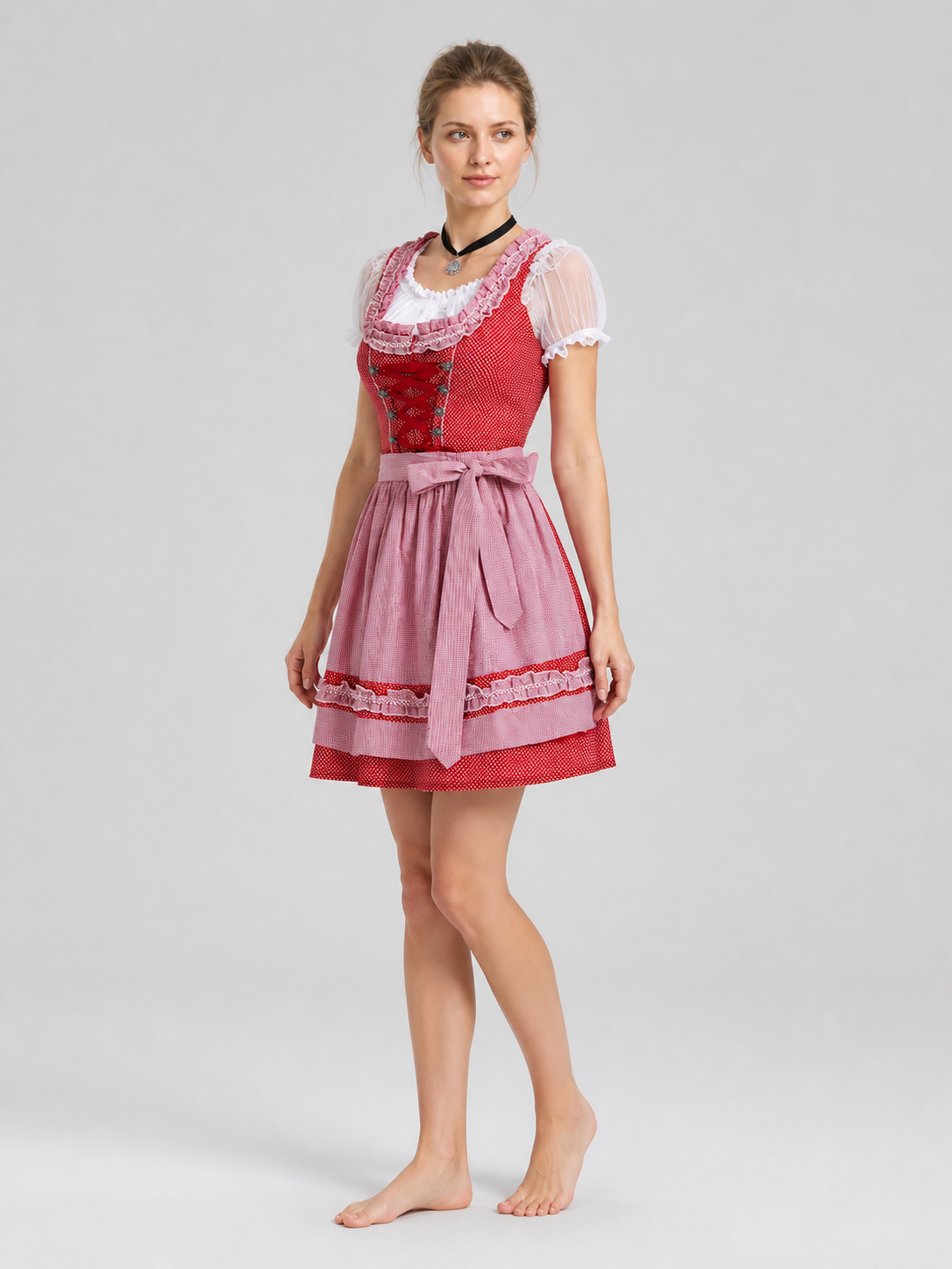 Bavarian Oktoberfest Dress Costume, Red and Pink side view
