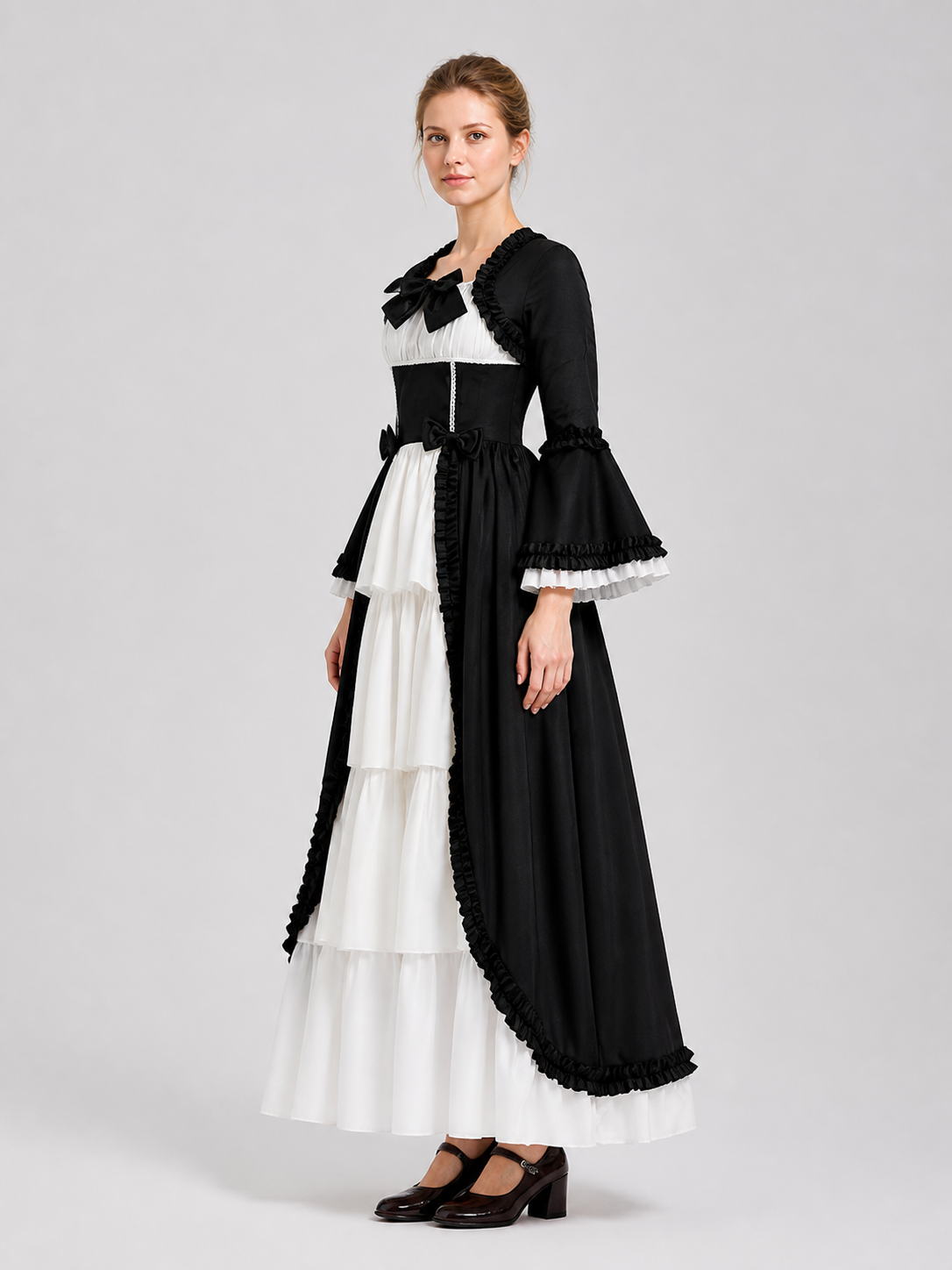 Renaissance-Style Retro Dress, Black and White, with Ruffles side view