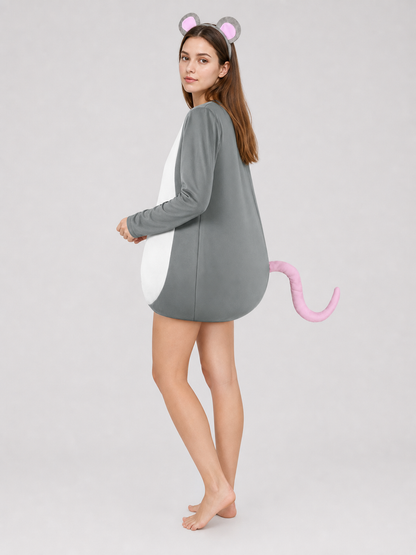 Adult Gray Mouse Costume Set with White Belly, Pink Tail and Mouse-Ear Headband for Costume Parties, Cosplay and Themed Events