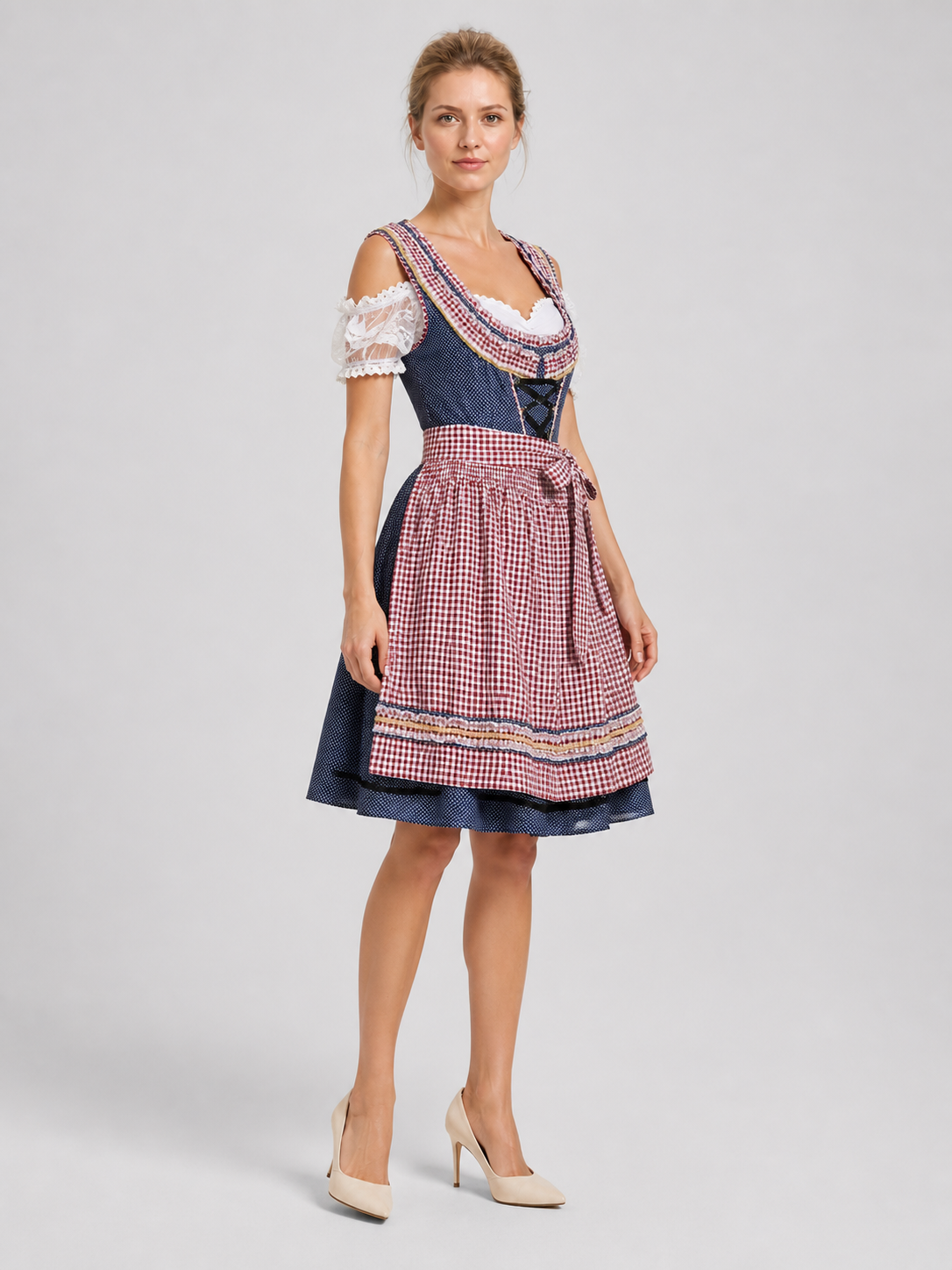 Oktoberfest Dress, Red-and-White Plaid with Corset side view