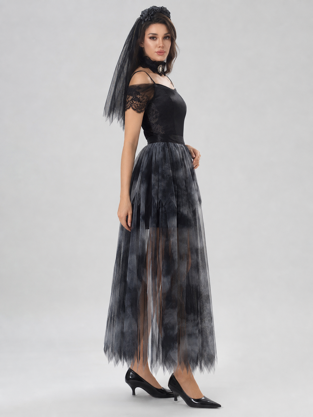 Gothic Black Dress with Veil for Cosplay