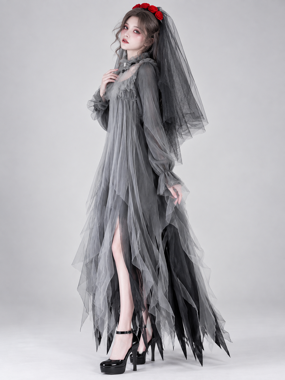 Carnival Costume with Veil, Spider, and Flowers