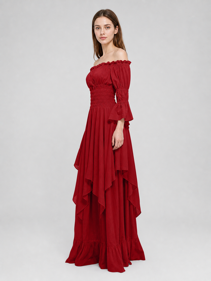 Retro-Style Off-Shoulder Burgundy Dress