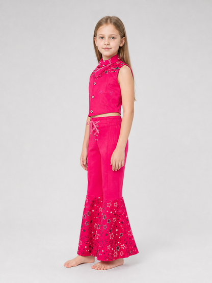 Barbie-style cosplay set consisting of two pieces: a cropped sleeveless top and flared-leg pants. The top resembles a vest with a front button closure, a decorative yoke, and a styled collar area. The pants have a high waist, front lacing, 