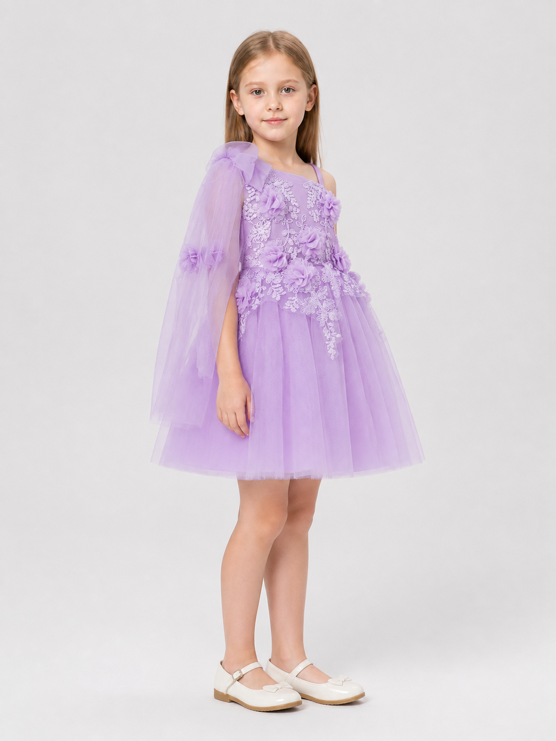 Girls' Tulle Tutu Dress with Embroidery and Flowers side view