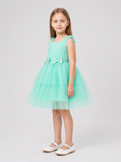 Mint Green Girls' Dress with Bows and a Full Skirt side view