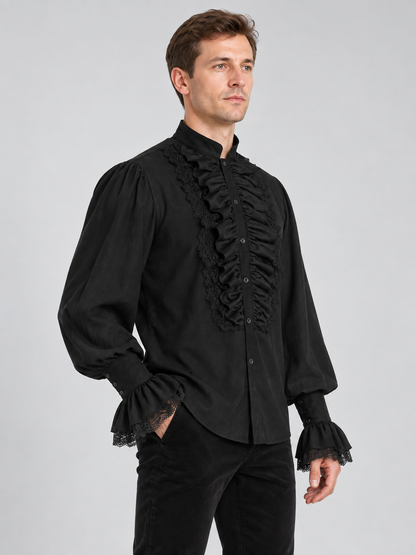 Black Renaissance-Style Shirt with Jabot and Lace