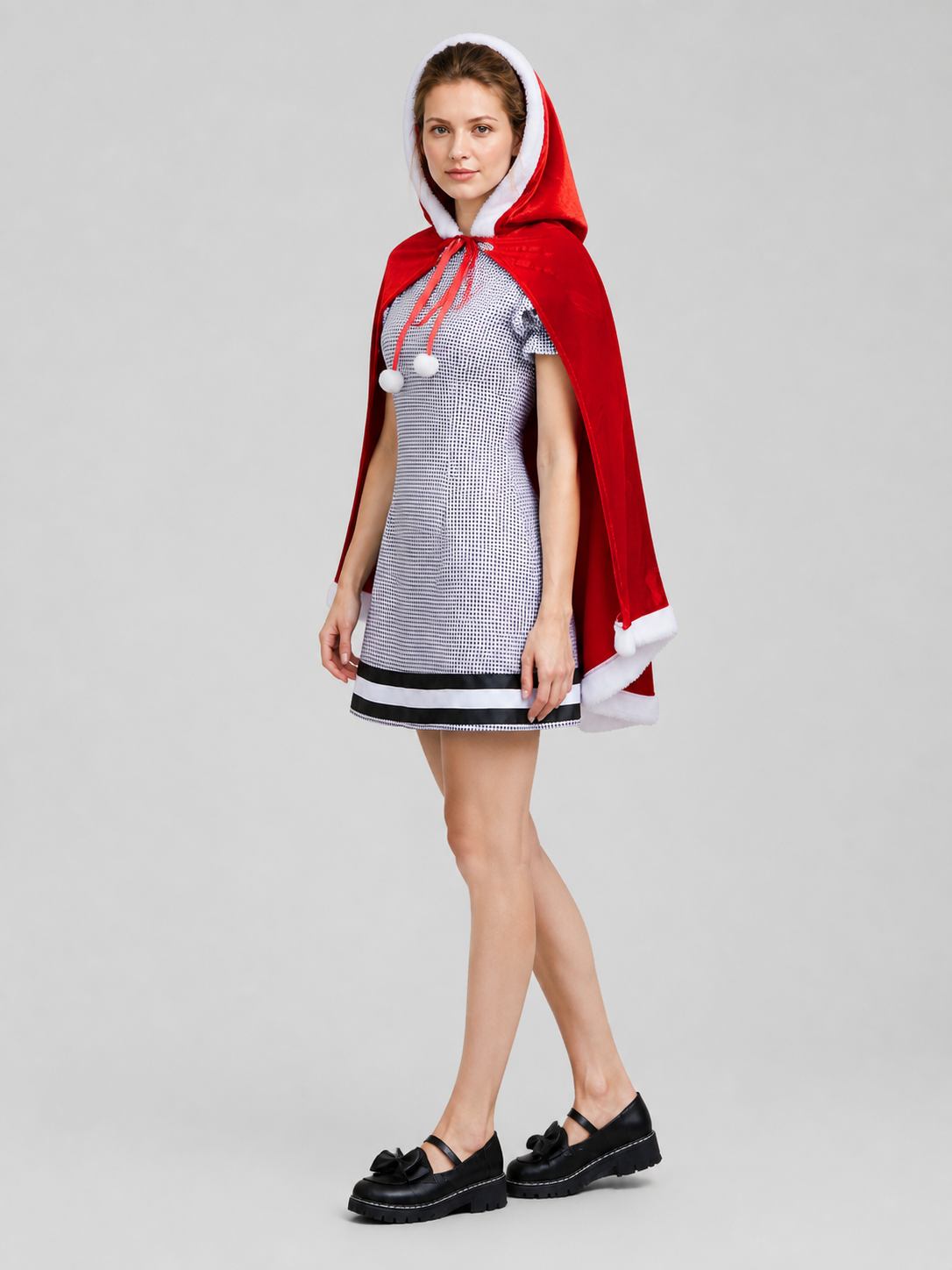 Red Plaid Dress with Hooded Cape