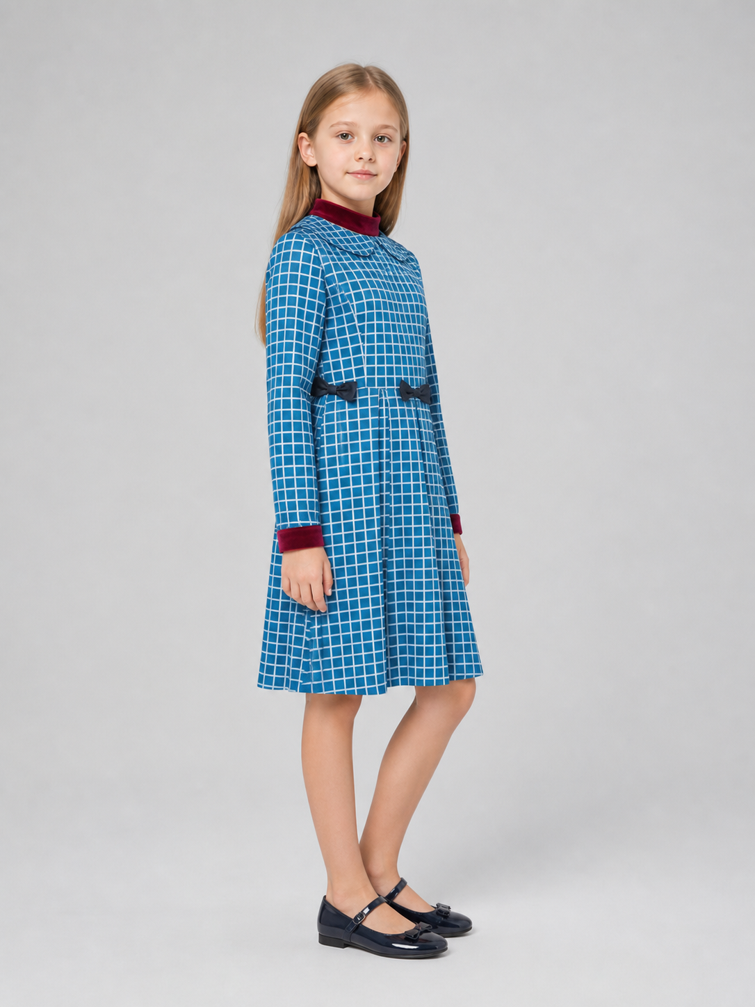 Esther from Orphan cosplay dress in blue plaid side view 2