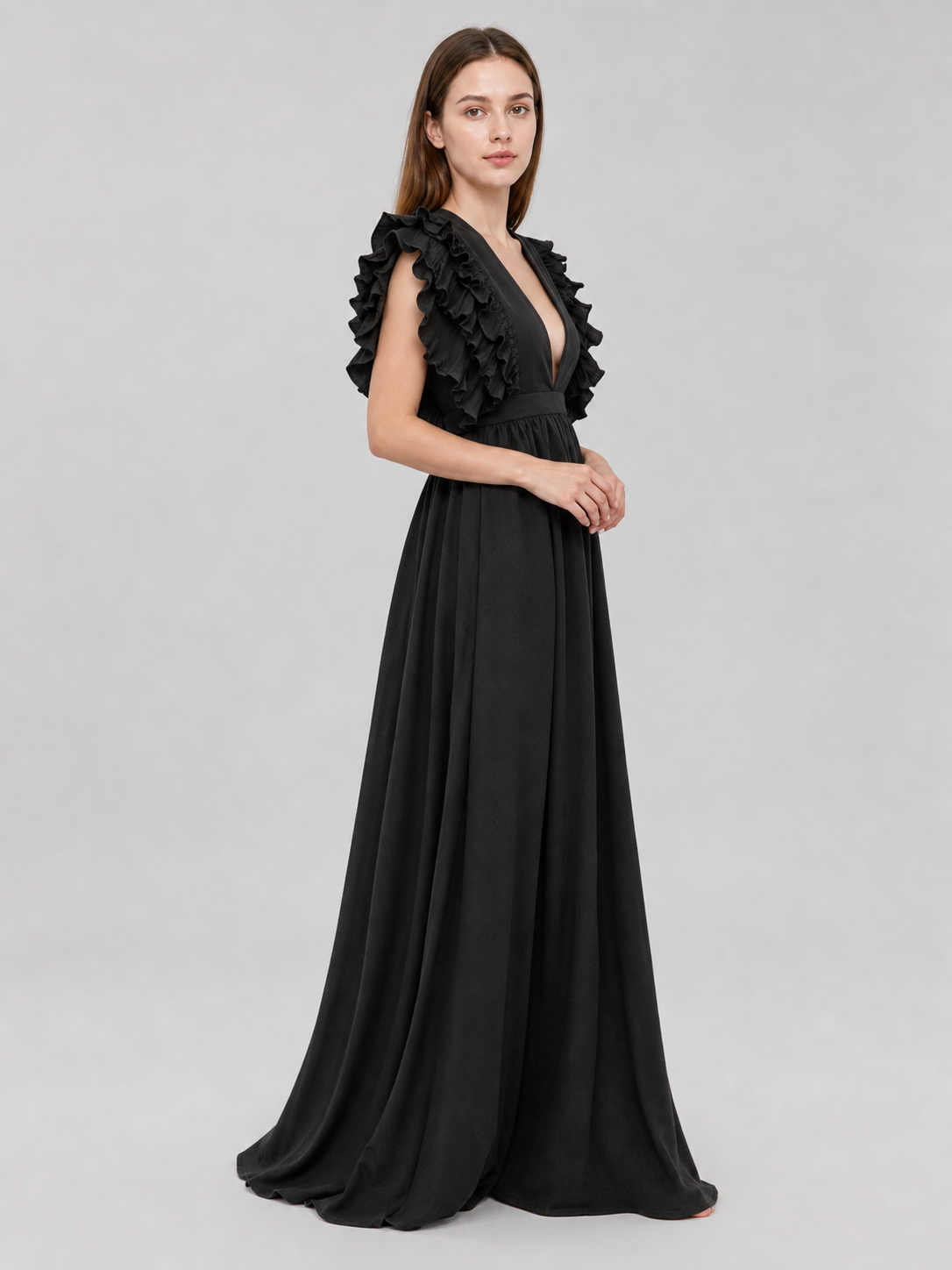 Floor-Length Evening Dress with a Deep V-Neckline