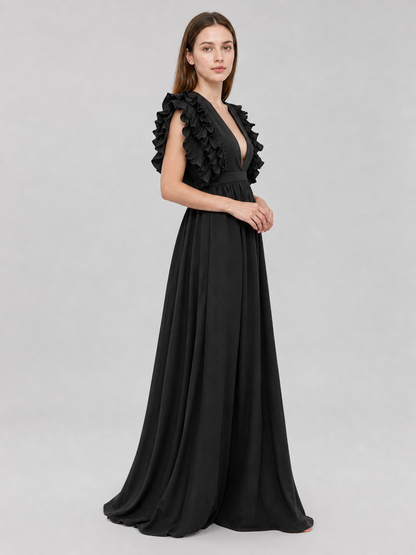 Floor-Length Evening Dress with a Deep V-Neckline