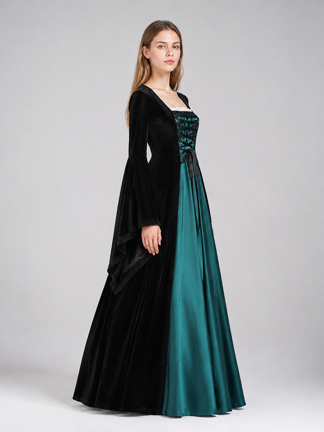Black and Turquoise Medieval Dress with Lacing side view